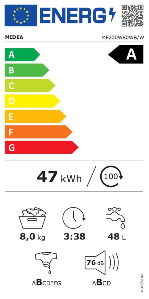 Midea MF200W80WB/W-HR 8kg, sügavus 48cm, 1400p/min - Eestlaetav pesumasin - Image 3