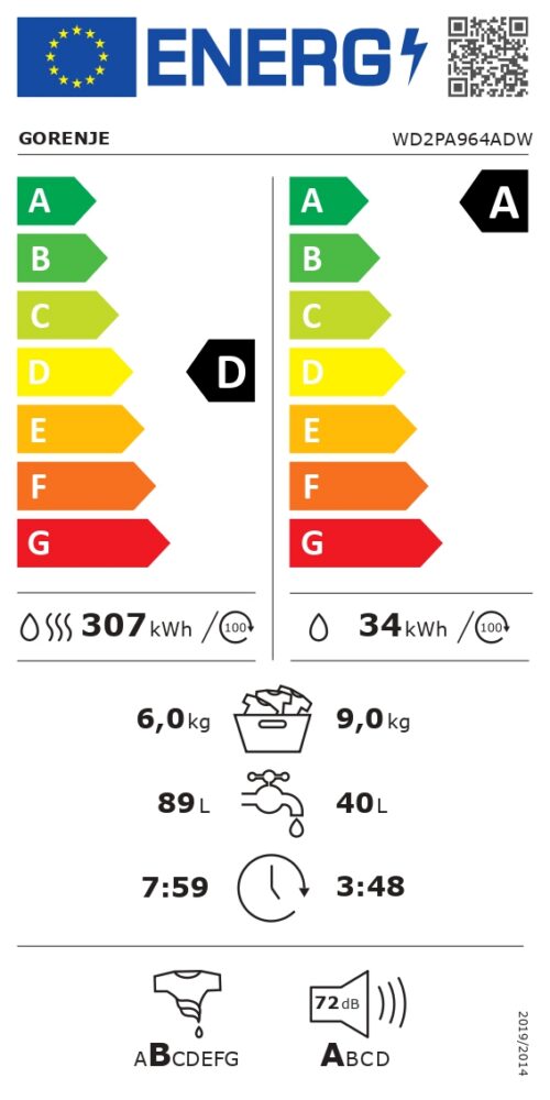 Gorenje WD2PA964ADW 9/6kg, sügavus 55cm, 1400p/min - Kuivatiga Eestlaetav pesumasin - Image 2