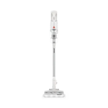 Valge BISSELL PowerClean 4264N juhtmevaba varstolmuimeja seisab püsti mustal taustal.